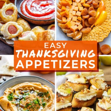 Collage of easy Thanksgiving appetizers including pigs in a blanket, pumpkin cheese board, pumpkin hummus and pear crostini.
