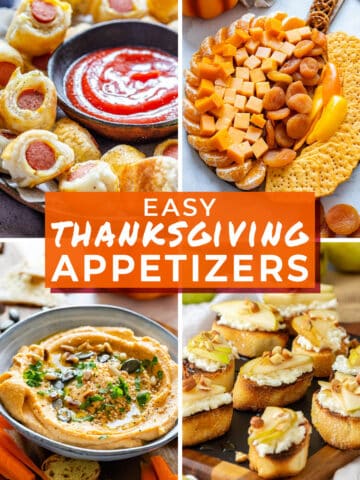Collage of easy Thanksgiving appetizers including pigs in a blanket, pumpkin cheese board, pumpkin hummus and pear crostini.