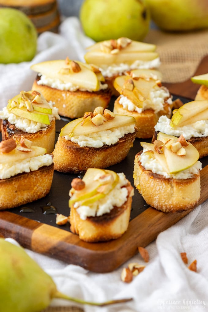 Pear and Goat Cheese Crostini on a Serving Board