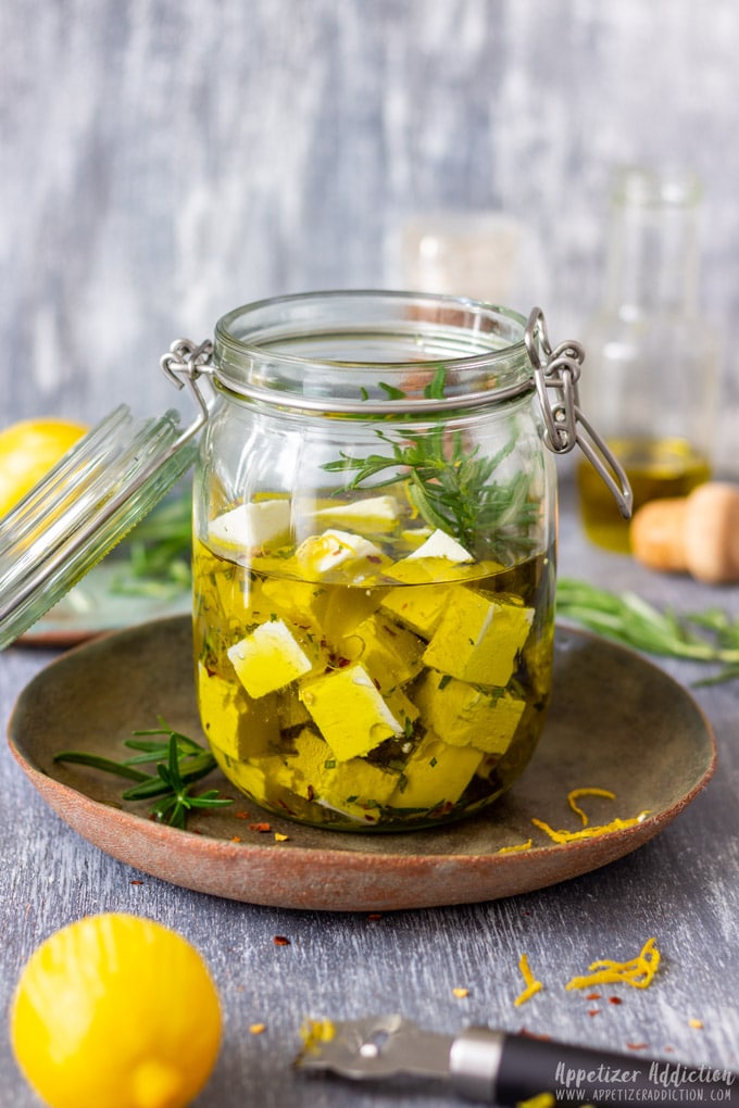 Rosemary marinated feta cheese in the jar.