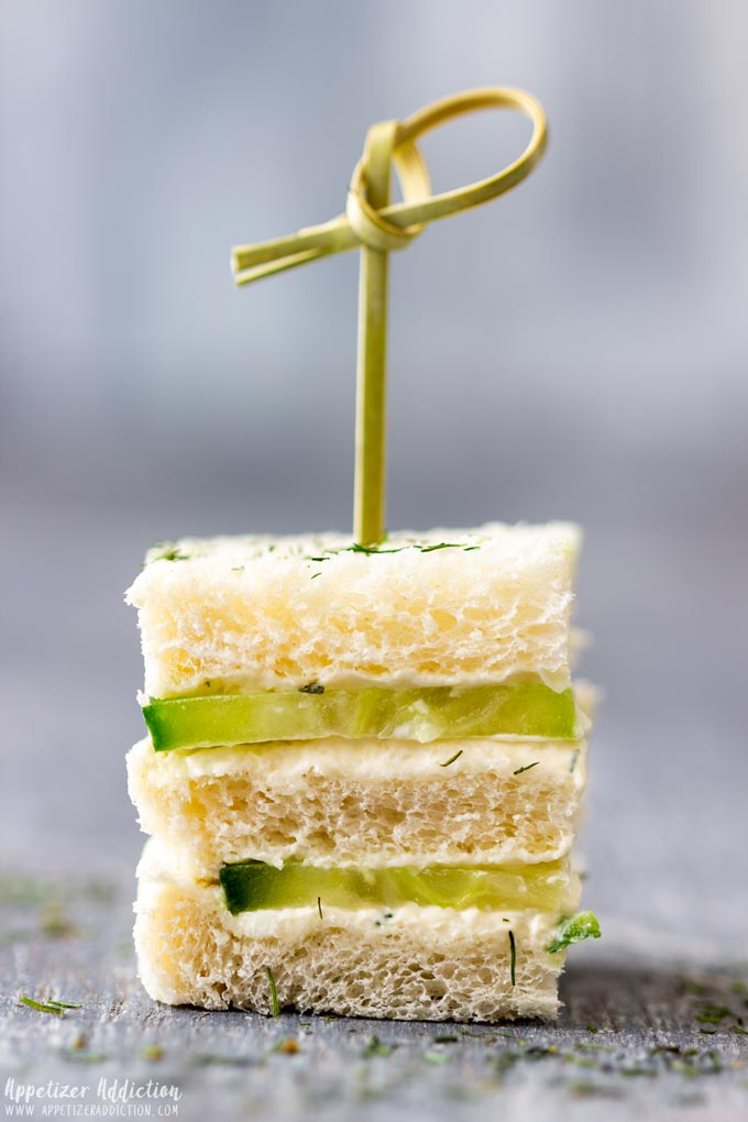 Mini cucumber sandwiches with cream cheese.