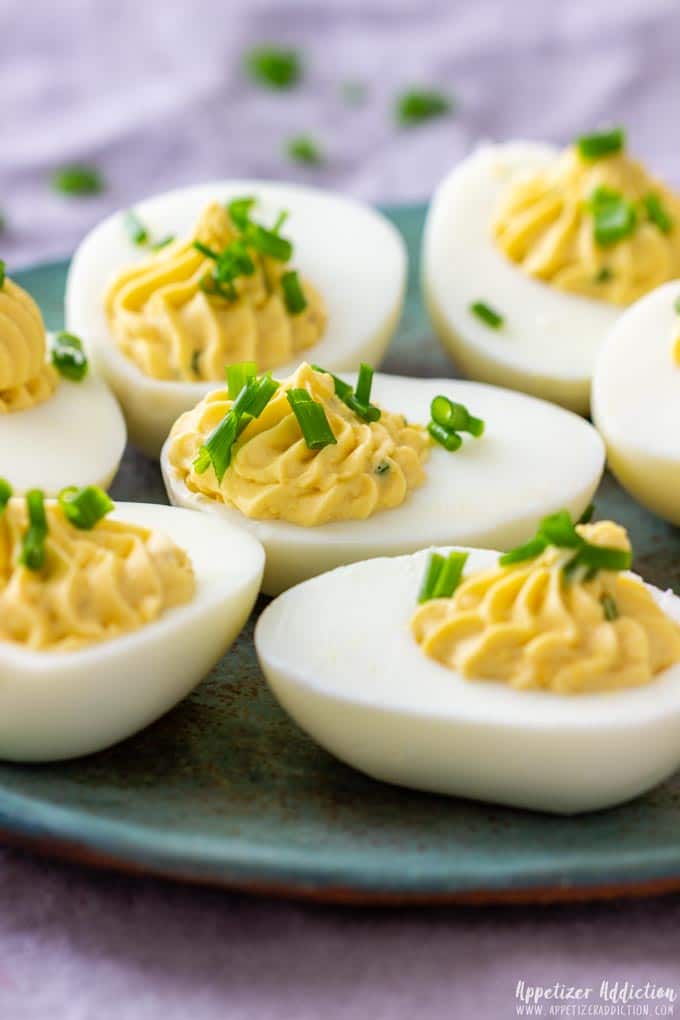 Wasabi deviled eggs with fresh chives.