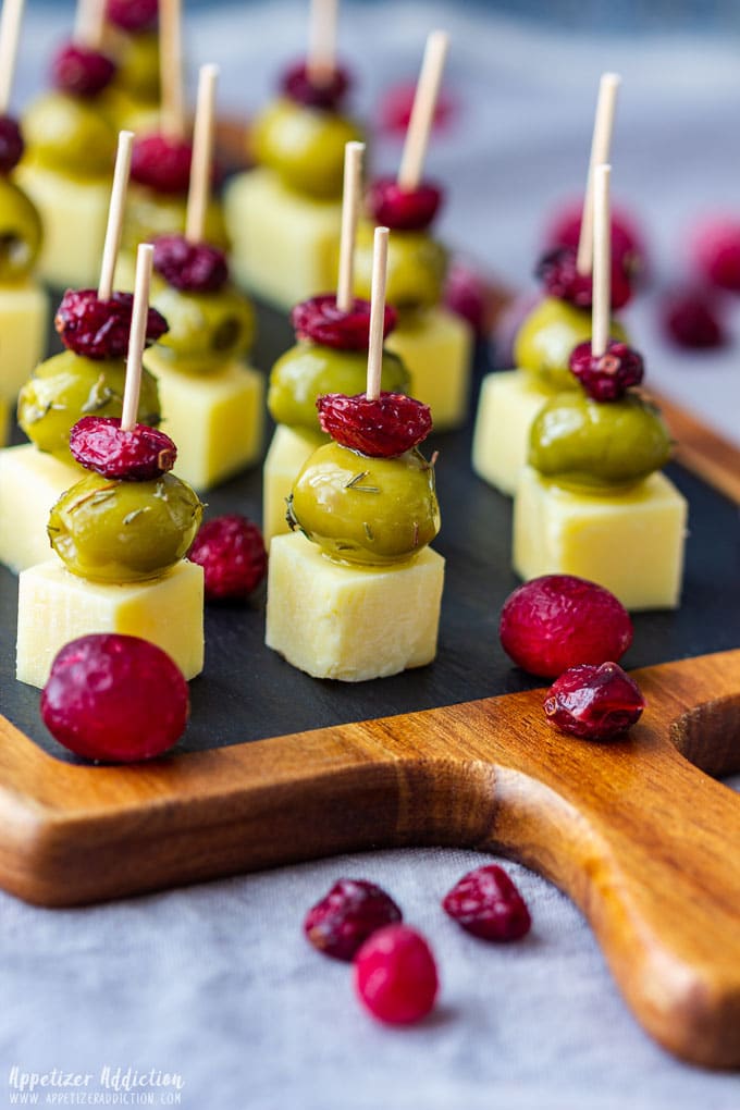 Cranberry, olive and cheese skewers on  a stick.