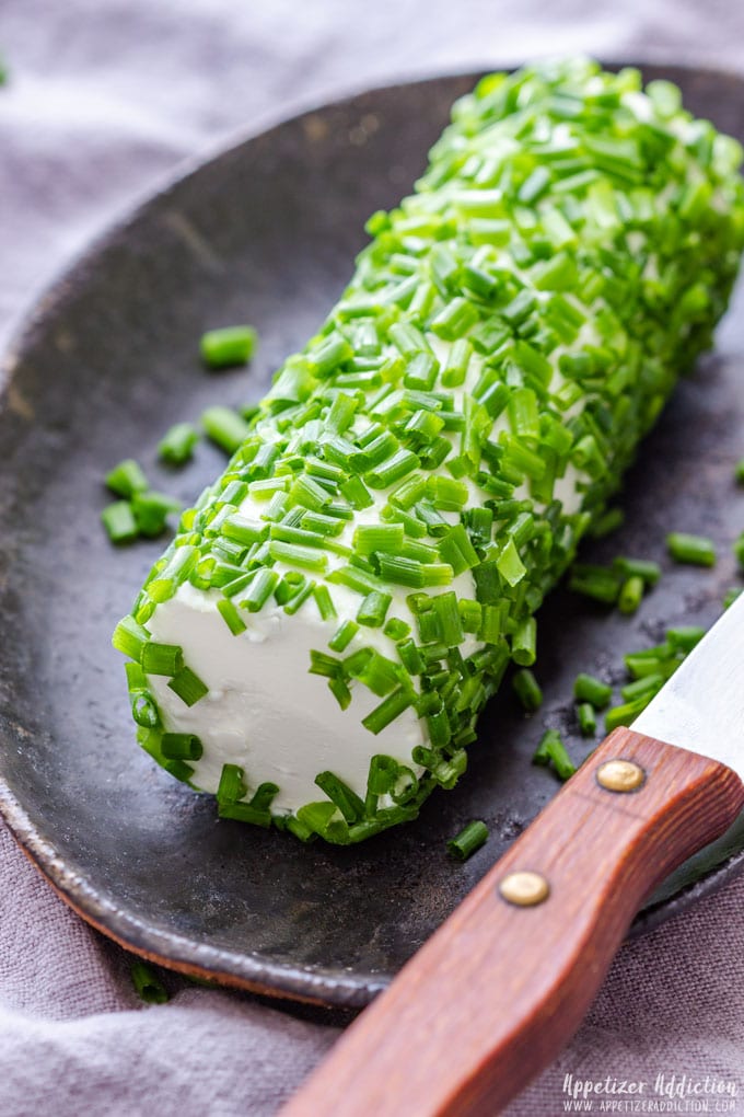 Homemade goat cheese log with chives.