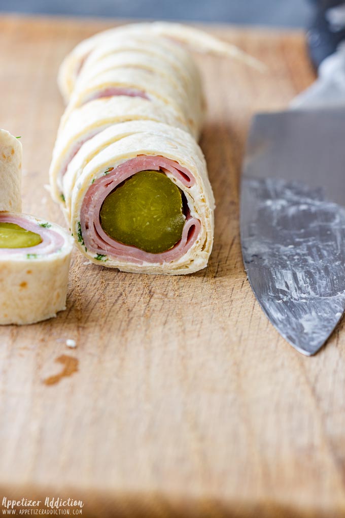 How to make Ham and Pickle Roll Ups Step 1 (How to Cut Roll ups)