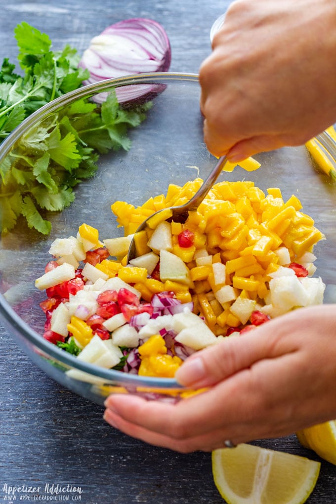 Mixing Pear Pomegranate Salsa