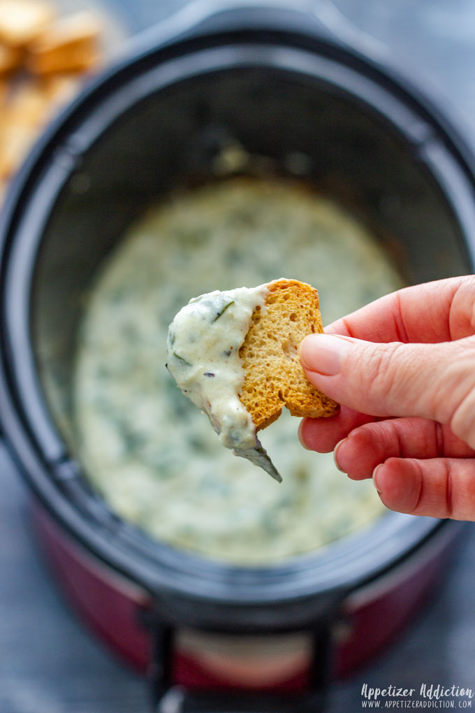 Scooping spinach artichoke dip with toasted bread.