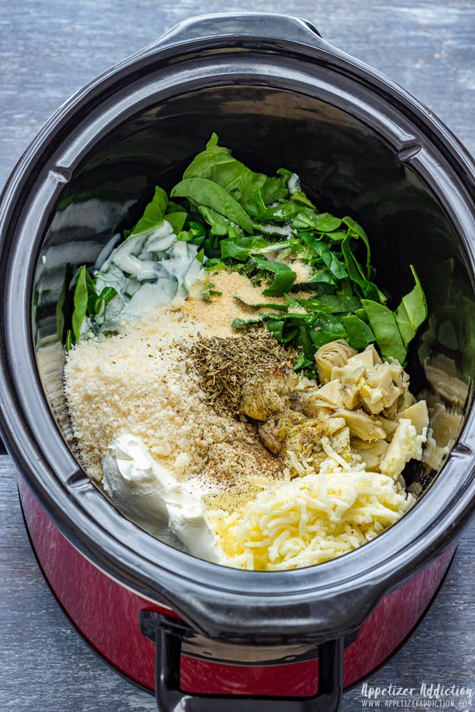 Spinach Artichoke Dip Ingredients in Slow Cooker