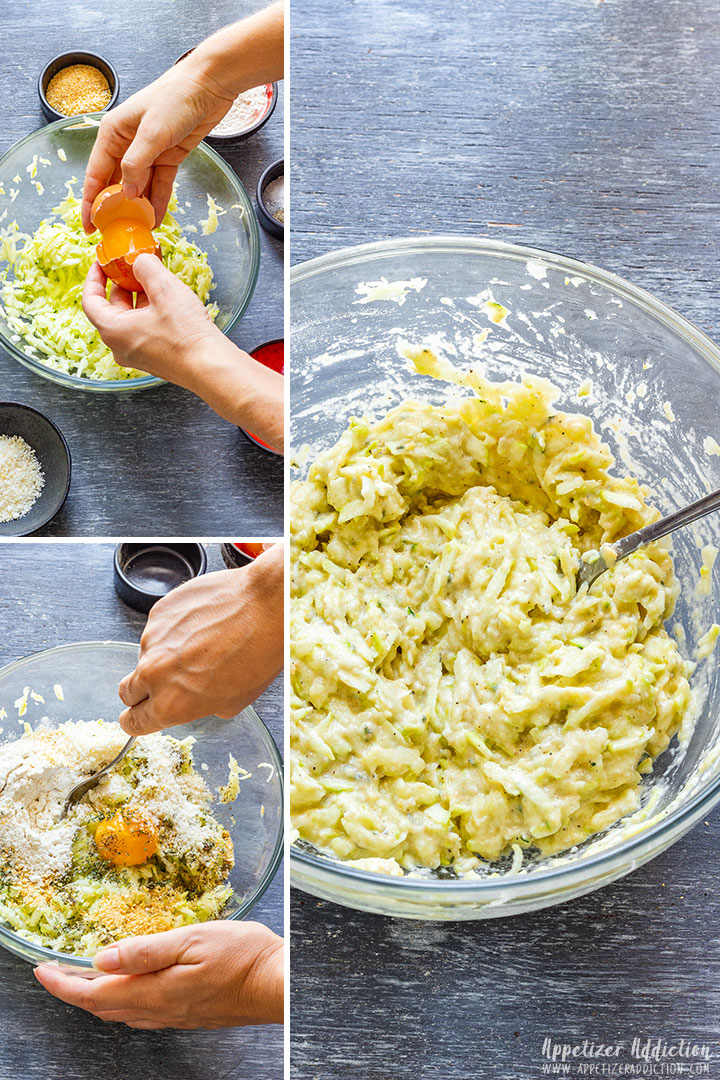 Showing step by step how to make zucchini fritters picture collage.