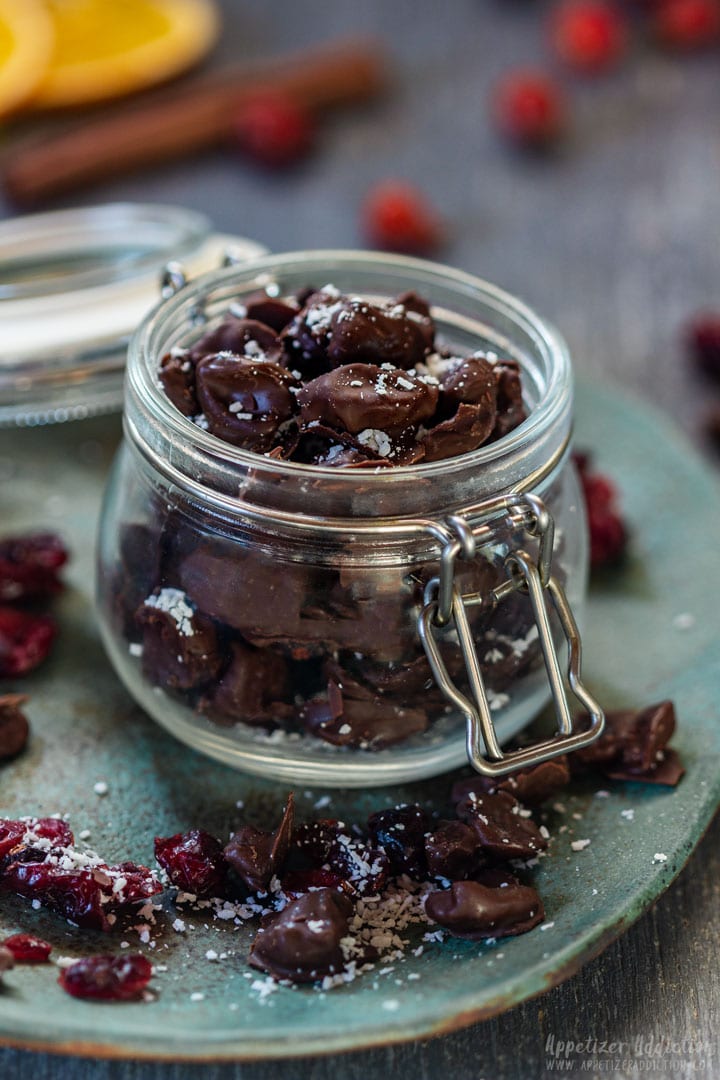 Chocolate covered cranberries in the jar