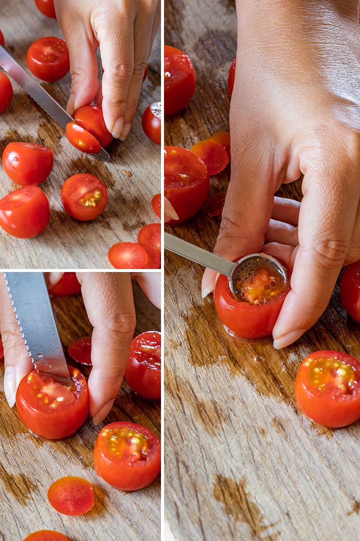 Step by step images showing how to prepare cherry tomatoes for filling