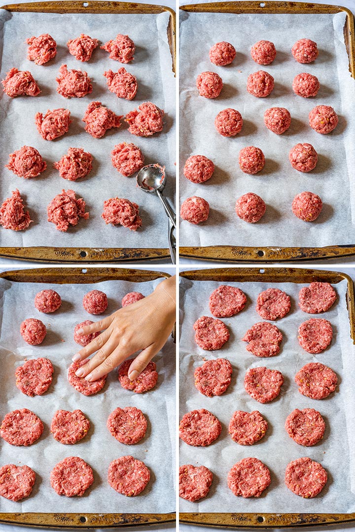 Step by step image collage showing how to form and shape burger patties