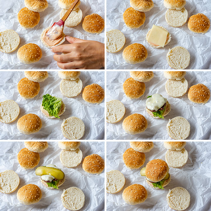 Step by step image collage showing how to assemble cheeseburger