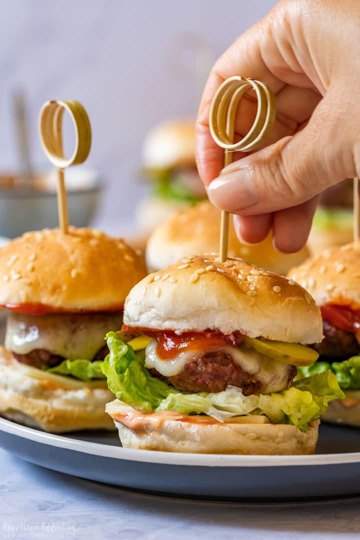 Mini cheeseburger appetizers on a stick