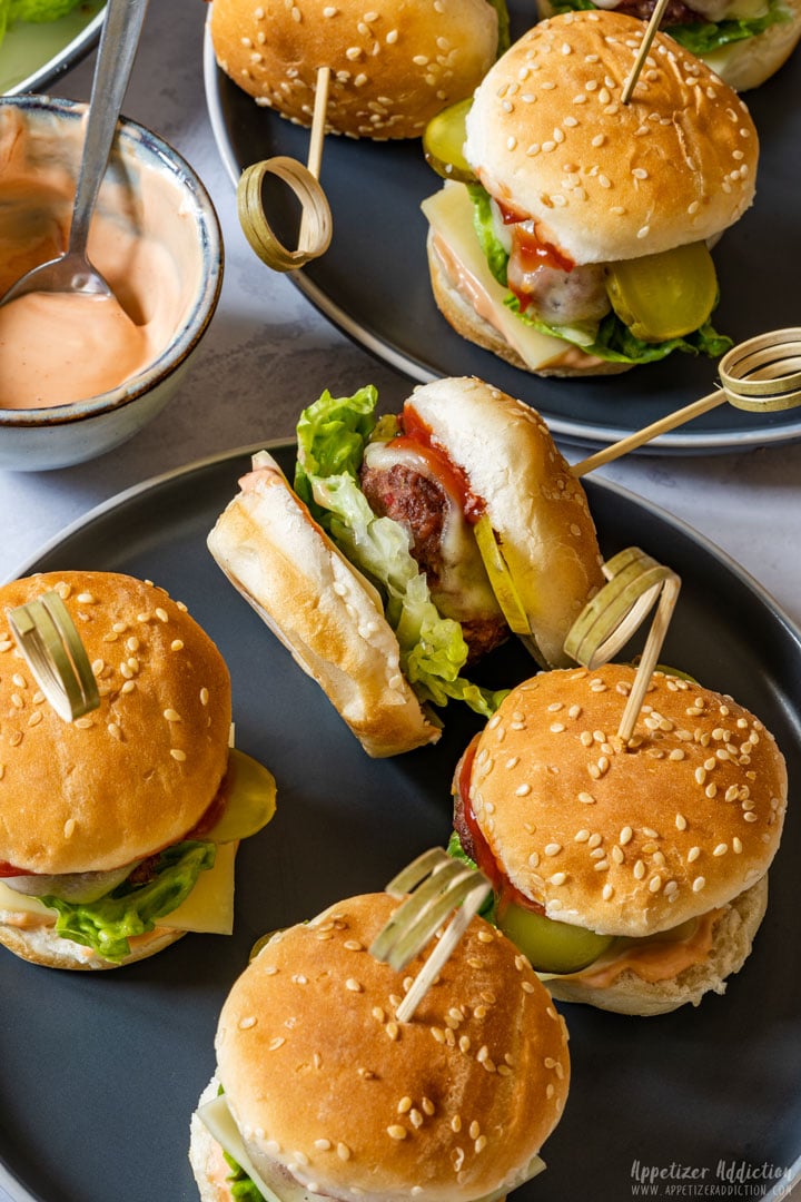 Mini cheeseburger sliders ready to be eaten