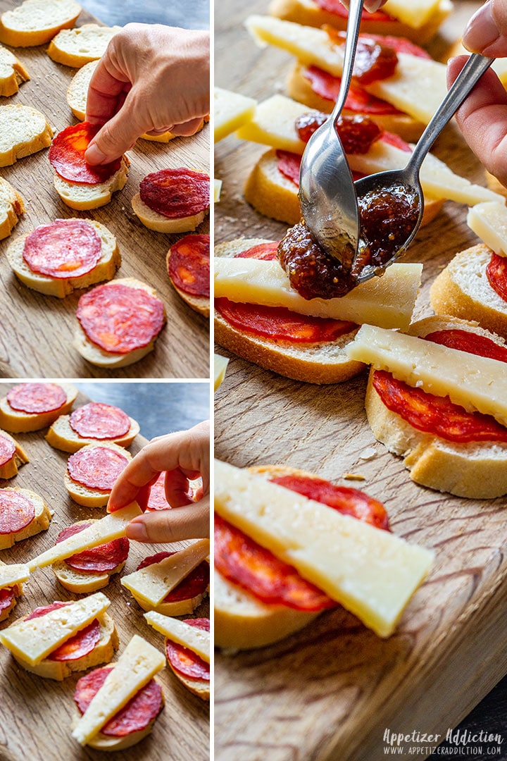 Step by step image collage how to assemble Manchego cheese tapas
