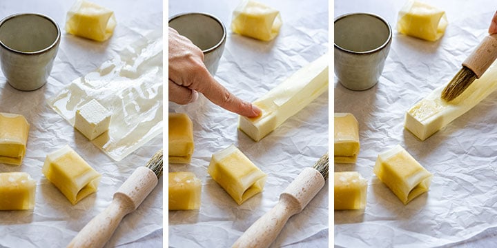 Showing steps how to wrap feta bites in phyllo pastry