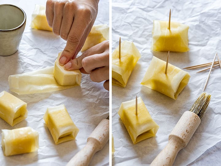 Showing how to wrap feta bites in phyllo pastry