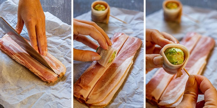 Showing how to wrap Brussels sprouts with bacon