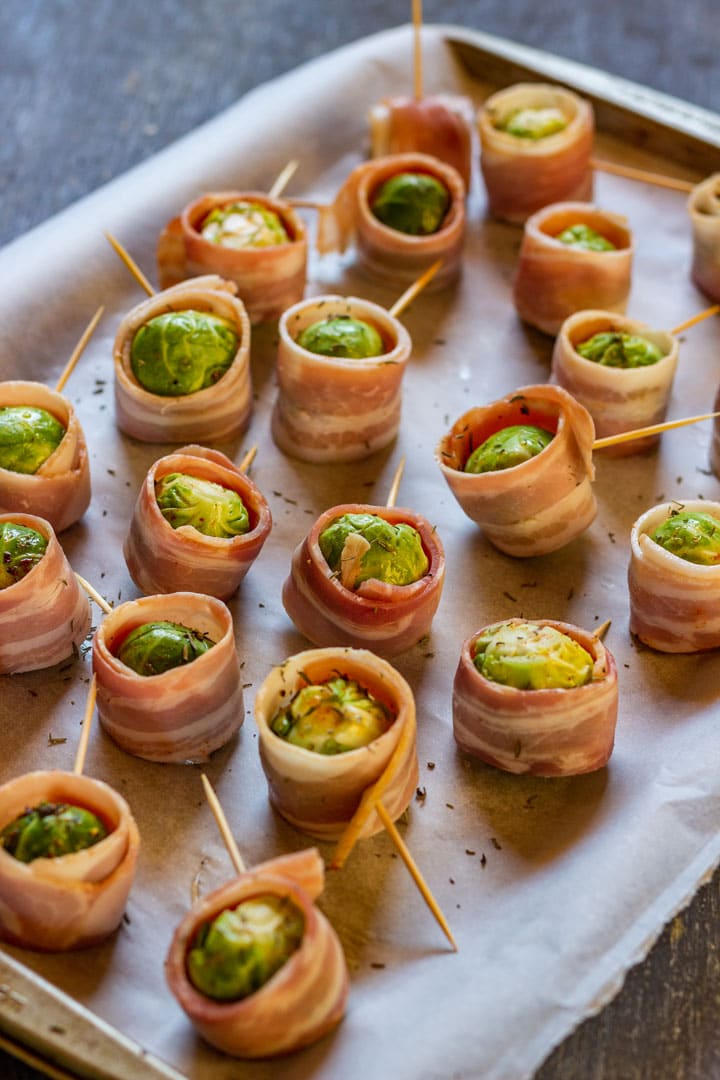 Bacon wrapped Brussels sprouts on baking tray