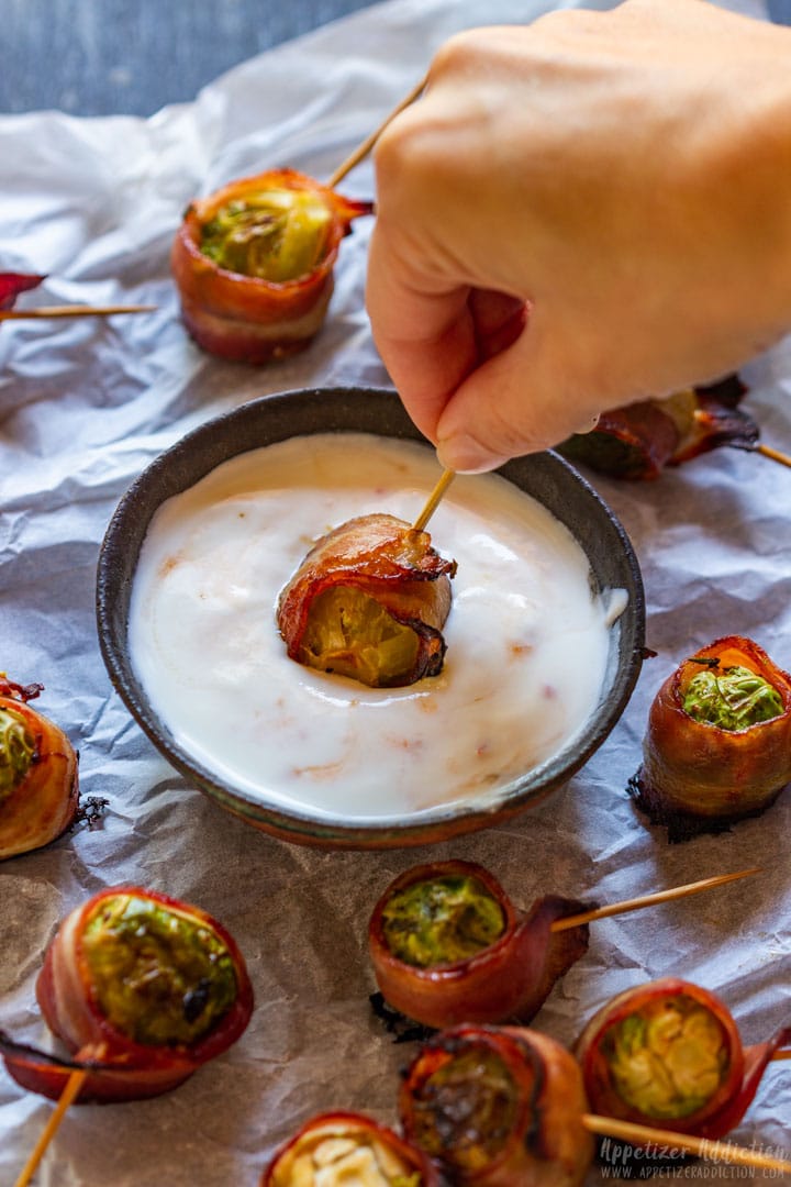 Dipping Brussels Sprouts with bacon