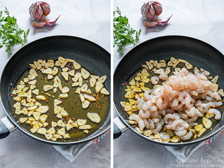 Showing step by step how to make Spanish style garlic shrimp