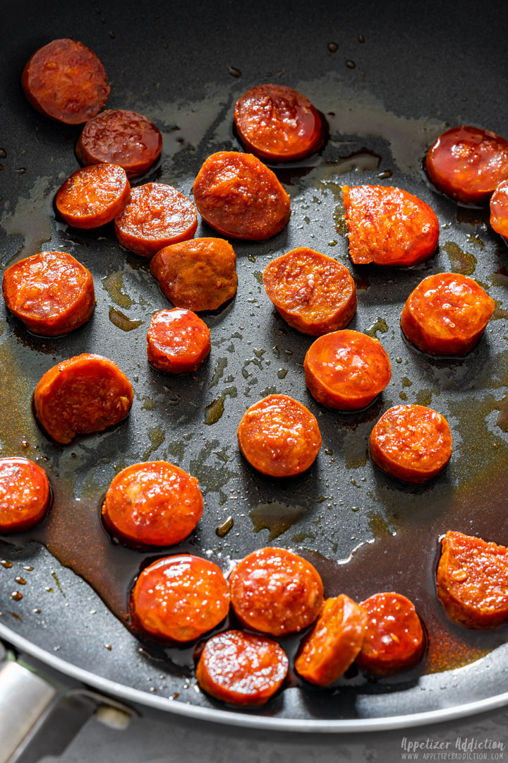 Frying Spanish chorizo on a pan