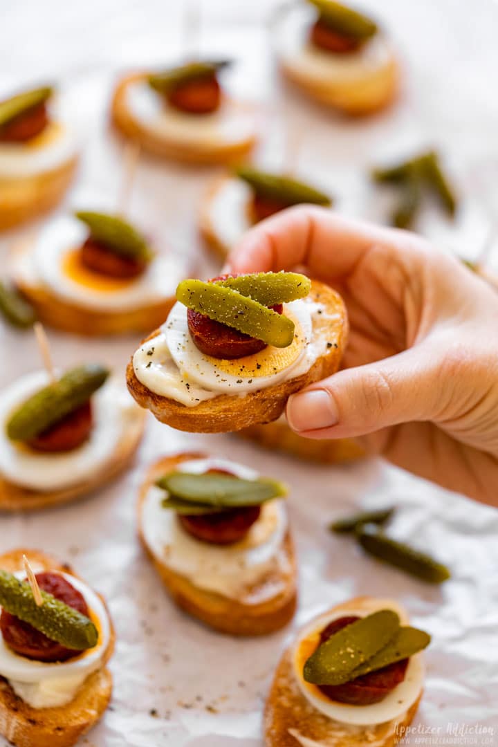 Close-up of the crostini with chorizo appetizer