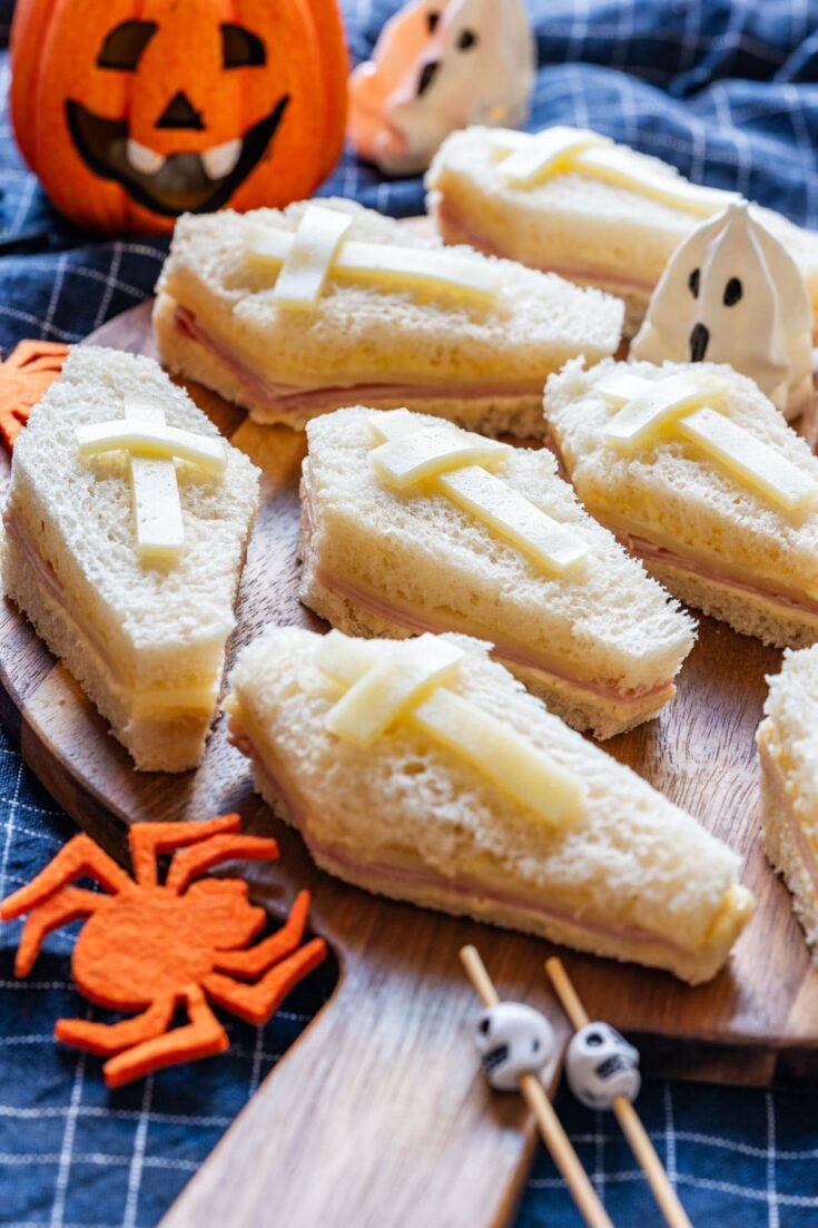 Coffin shaped sandwiches for Halloween party.