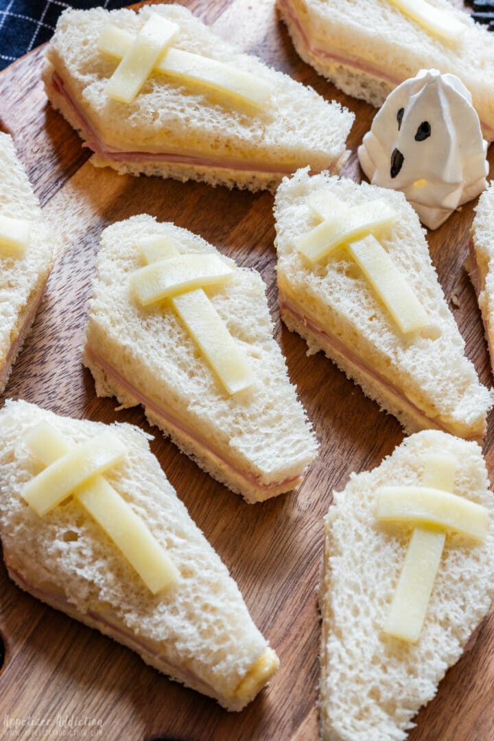 Closeup of Halloween coffin sandwiches.