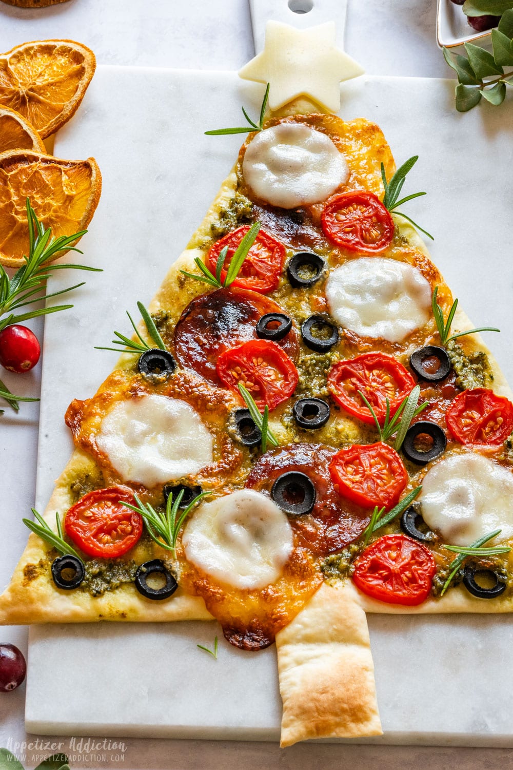 Closeup of holiday tree pizza.