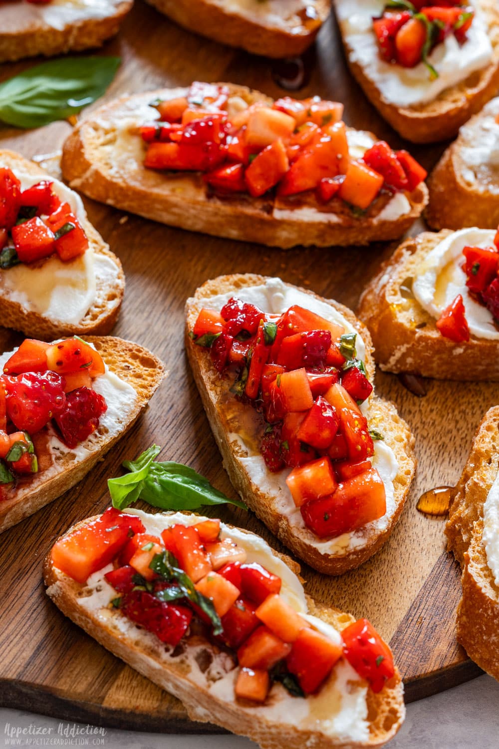 Close-up of strawberry bruschetta.