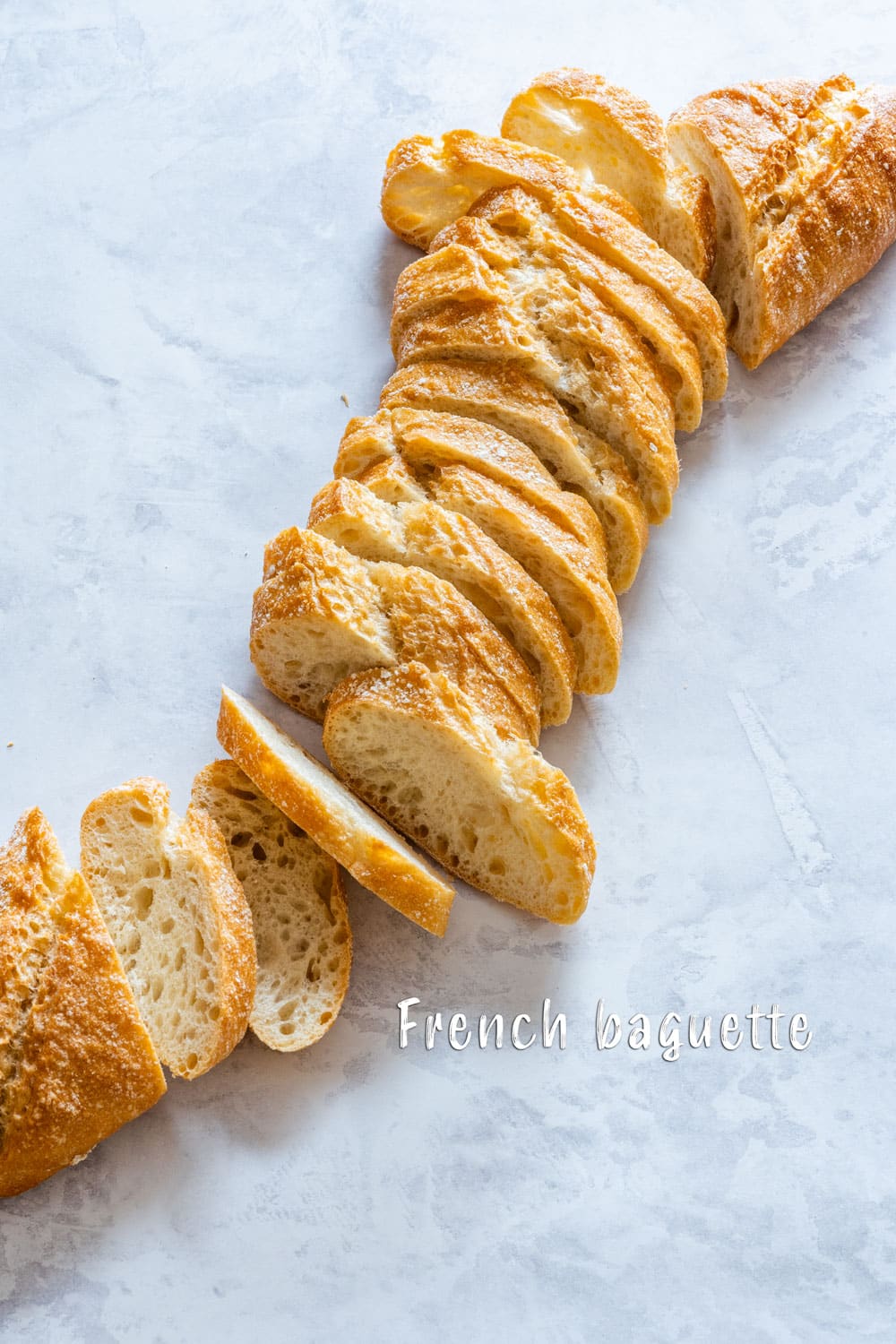 Sliced French baguette for making bruschetta.