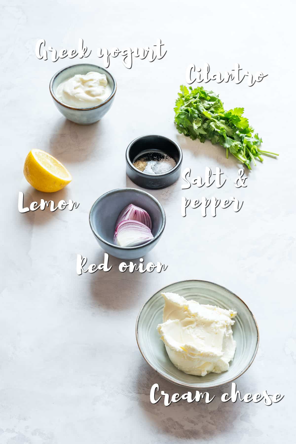 Ingredients for cilantro dip arranged on a light surface, including Greek yogurt, fresh cilantro, cream cheese, lemon, red onion and seasonings.