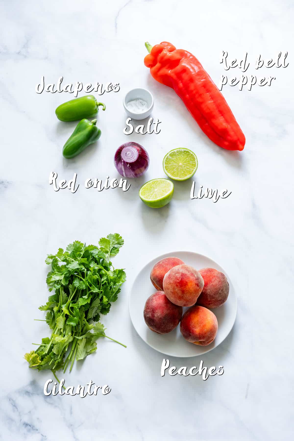 Ingredients for peach salsa arranged on a marble surface, including peaches, lime, red onion and peppers.