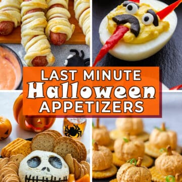 Collage of last minute Halloween appetizers with hot dog mummies, deviled eggs, Jack Skellington cheese ball and pumpkin cheese balls.