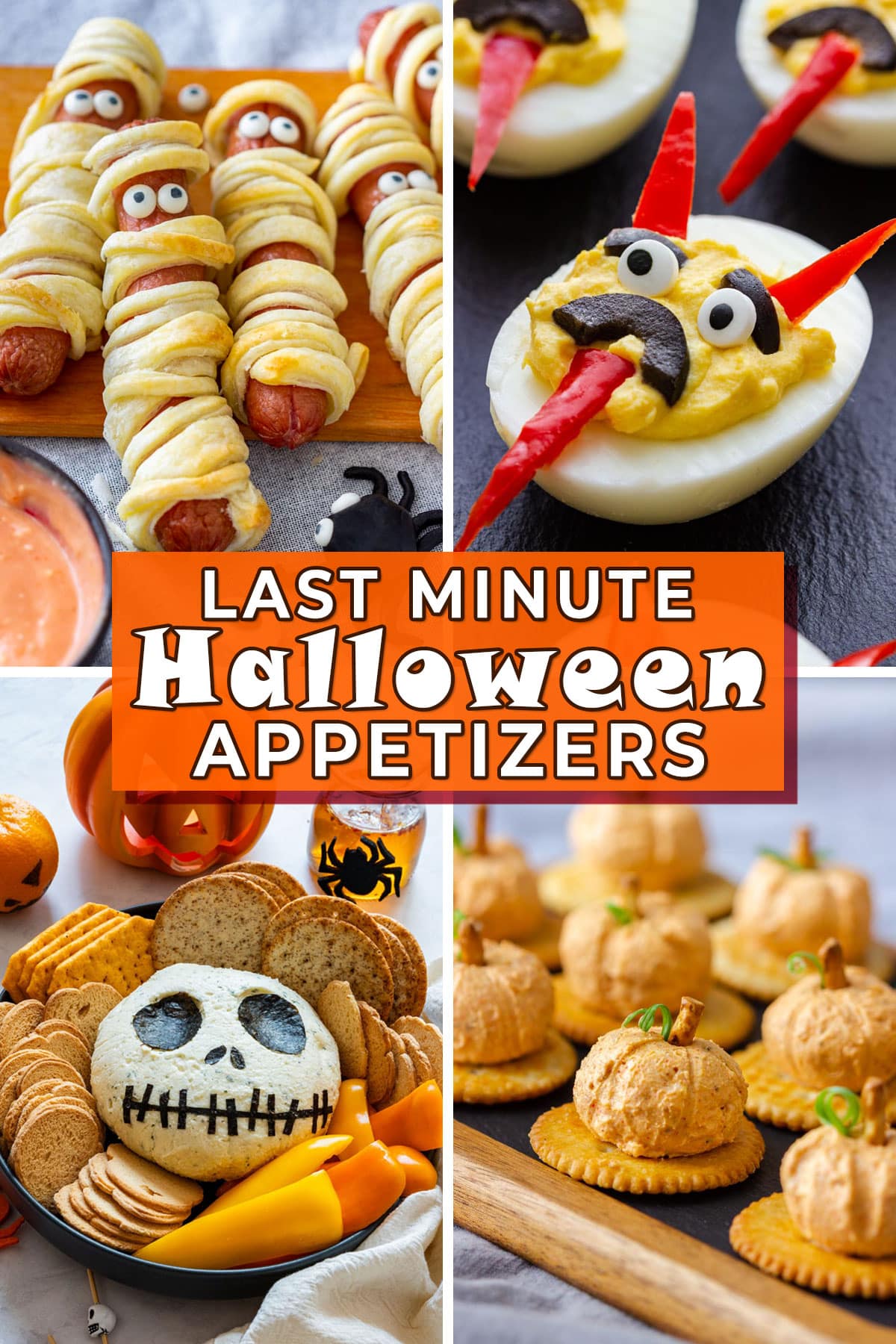 Collage of last minute Halloween appetizers with hot dog mummies, deviled eggs, Jack Skellington cheese ball and pumpkin cheese balls.