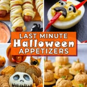Last minute Halloween appetizers collage with hot dog mummies, Halloween deviled eggs, Jack Skellington cheese ball and mini pumpkin cheese balls with text overlay.