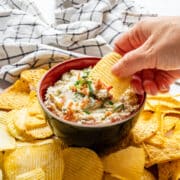 Hand dipping a ruffled potato chip into bacon and cheddar dip.