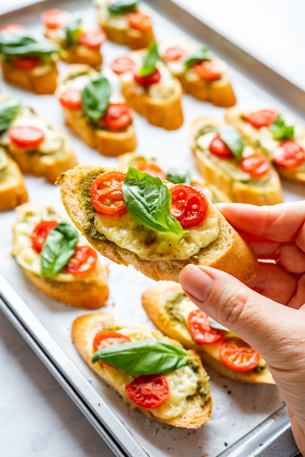 Hand holding a baked crostini with melted cheese, cherry tomatoes and fresh basil.