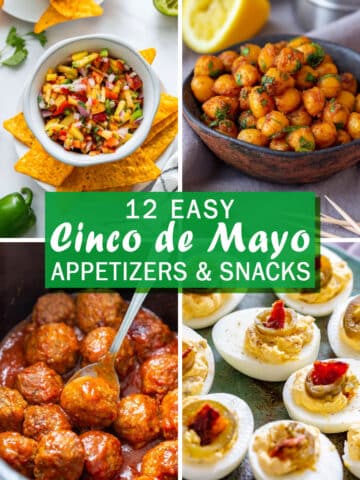 Cinco de Mayo appetizer collage with peach salsa and tortilla chips, pan-fried chickpeas, saucy meatballs and jalapeño deviled eggs.