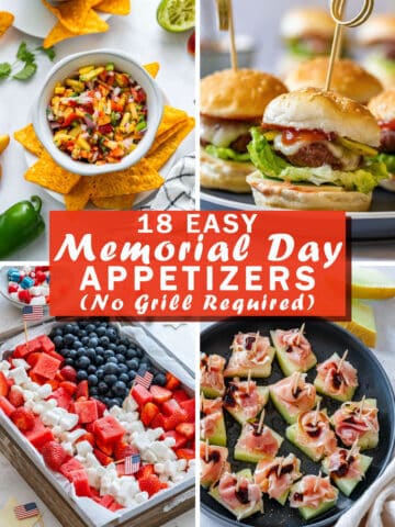 Four Memorial Day appetizers in a collage: peach salsa with tortilla chips, mini cheeseburgers, a red white and blue fruit platter and prosciutto wrapped melon bites.