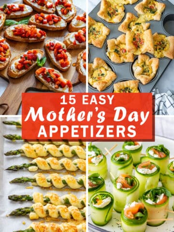 Collage of easy Mother's Day appetizers with strawberry bruschetta, mini quiches, asparagus pastry twists and smoked salmon cucumber rolls.