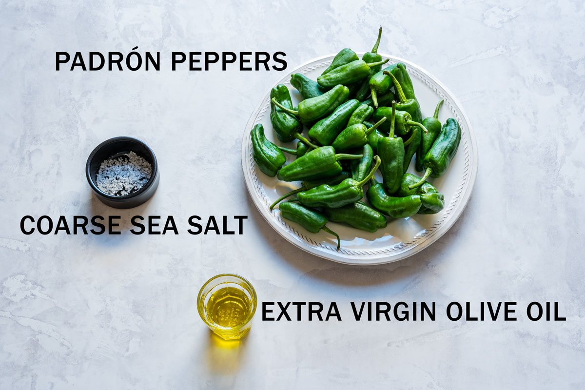 Ingredients for Padrón peppers: fresh green peppers, coarse sea salt and extra virgin olive oil.