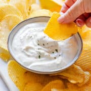 This easy homemade chip dip comes together in about 2 minutes with sour cream, dried herbs and simple seasonings. No mayo, no cream cheese and no onion soup mix. A quick last-minute dip for potato chips, parties or game day.