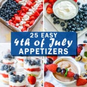 Easy 4th of July appetizers for a summer cookout, starting with a flag-style fruit tray, fresh berries with creamy fruit dip, layered berry cups and simple fruit kebabs. See the full roundup for more dips, finger foods and party snacks.