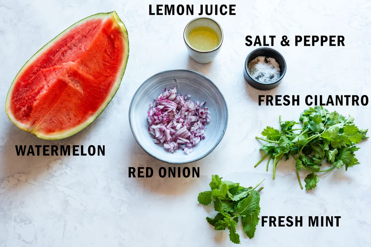 Ingredients laid out and labeled: watermelon, lemon juice, salt and pepper, chopped red onion, fresh cilantro and fresh mint.