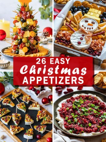 26 easy Christmas appetizers, including a charcuterie tree topped with a cheese star, a snowman cheese board, mini brie trees and cranberry cream cheese dip.